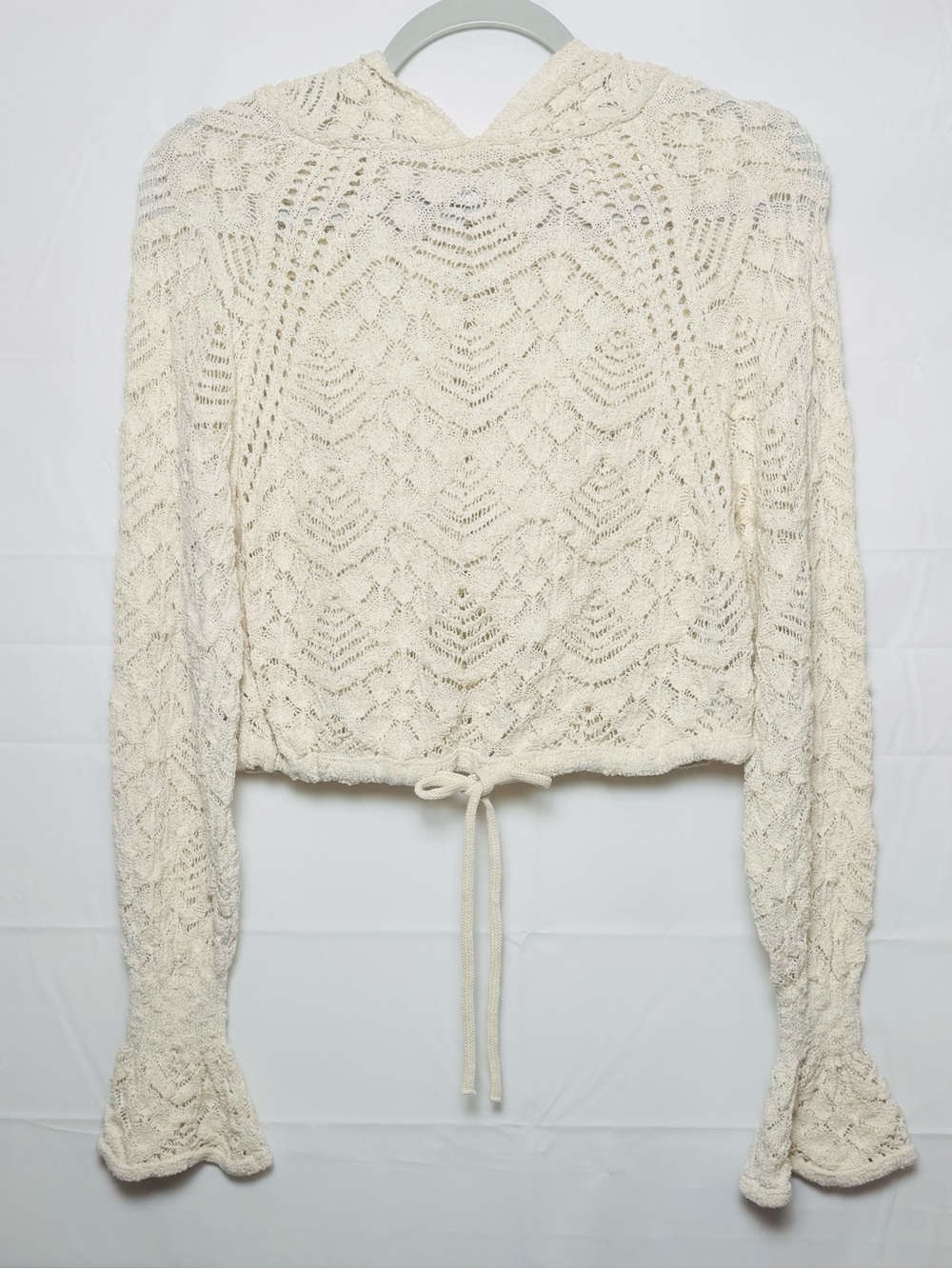 Zara women’s Cream Crochet Drawstring Hooded Sweater, Small. NWOT